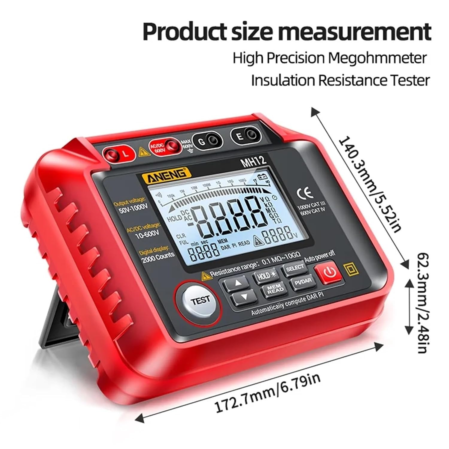 Diagram illustrating the physical dimensions of the MH12 Digital Megohmmeter in millimeters and inches.