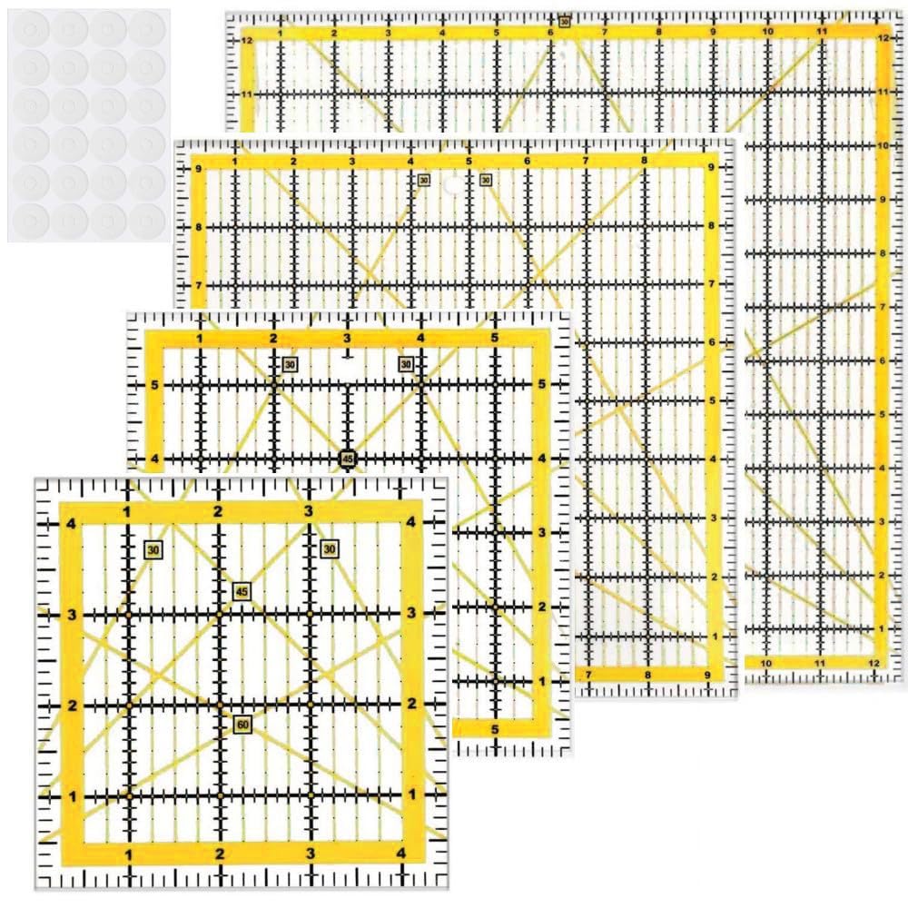 Juego de 4 plantillas de acolchado, 4 reglas cuadradas de acrílico transparente de diferentes tamaños, regla de corte de tela para proyectos de manualidades, acolchado y costura (amarillo)