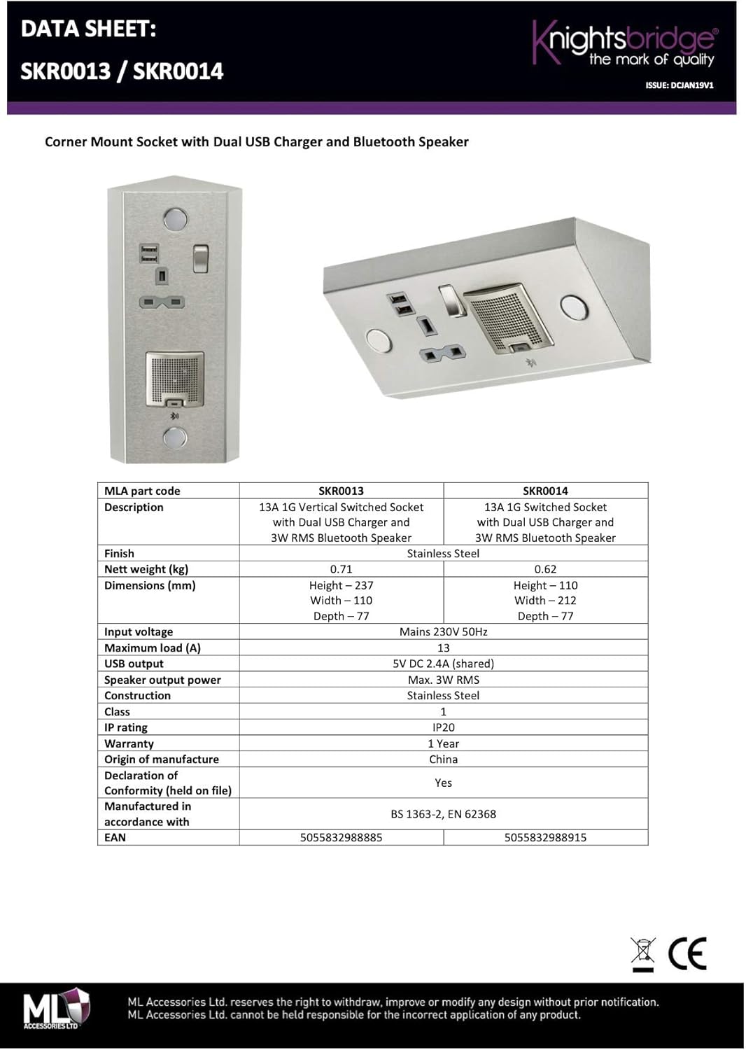 Promo 40% OFF Knightsbridge Vertical Power Station - Single 13A Socket + Twin USB (2.4A) and 3W Bluetooth Speaker