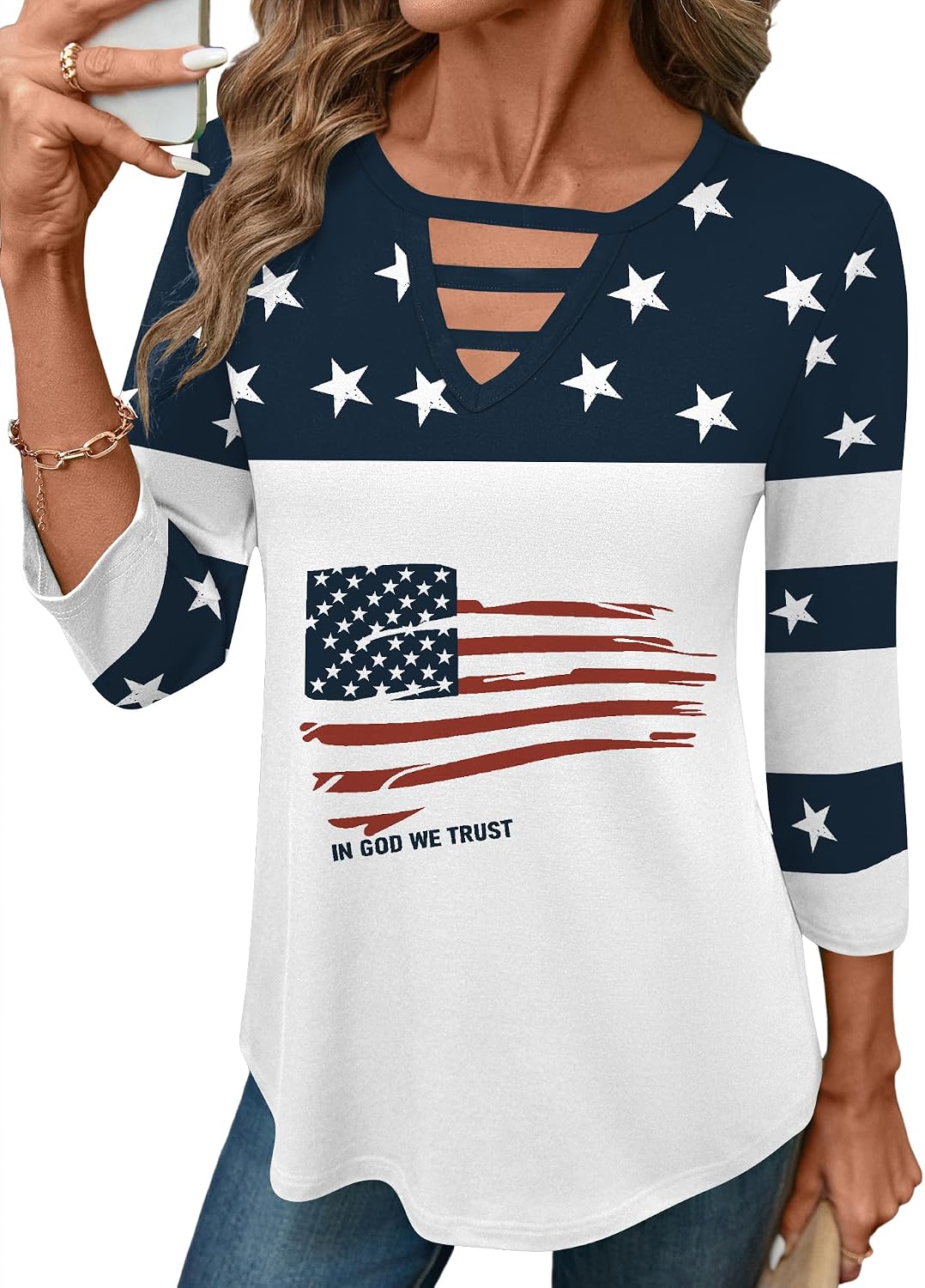 LOMON Women's 3/4 Length Sleeve Tops Crew Neck Hollow Out T Shirts Fashion Casual Tops for Women 2026
