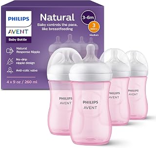 Philips Avent Natural Response Baby Bottles 9oz Pink 4-Pack, Medium Flow 3 Nipples - Anti-Colic, Breast-Like Feeding Rhythm