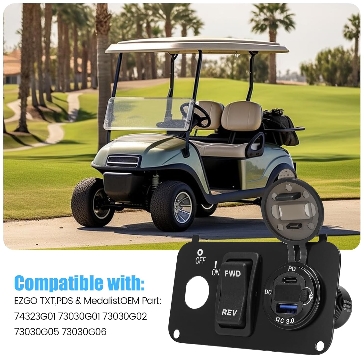 briidea 3 in 1 Multifunctional Integrated Panel with DC 10V-60V QC3.0 and Type-C Dual USB Fast Charger Socket, Forward Reverse Switch, Compatible with EZGO TXT, PDS & Medalist