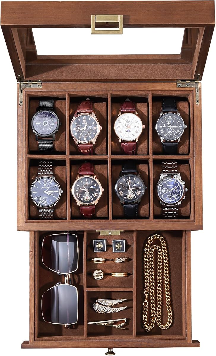 ProCase Caja de Reloj de Madera, Caja de Reloj para Hombre con 8 Ranuras y Cajón, Joyero de 2 Capas para Hombre, Organizador de Almacenamiento, Vitrina, Regalo del Día del Padre, Regalos de Cumpleaños de Aniversario para Hombres y Mujeres -8 Ranuras, Marrón