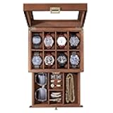 ProCase Wooden Watch Case for Men, 8 Slot Mens Watch Box With Drawer, 2-Layer Watch Display Case, 8 Watch Holder Organizer, Jewelry and Watch Storage Organizer for Men Women -8 Slot, Brown
