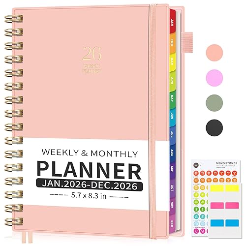 EMSHOI 2026 Planner, Weekly and Monthly, JAN 2026 - DEC 2026, A5 (5.7" x 8.3"), 100GSM Thick Paper, PVC Cover, Colorful Tabs - 2026 Calendar Organizer for Work School Home, Pink