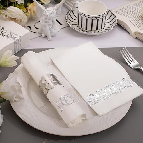 Vista 4 de WDF Paquete de 150 servilletas plateadas desechables de papel, servilletas plateadas de 3 capas, servilletas desechables de alta calidad