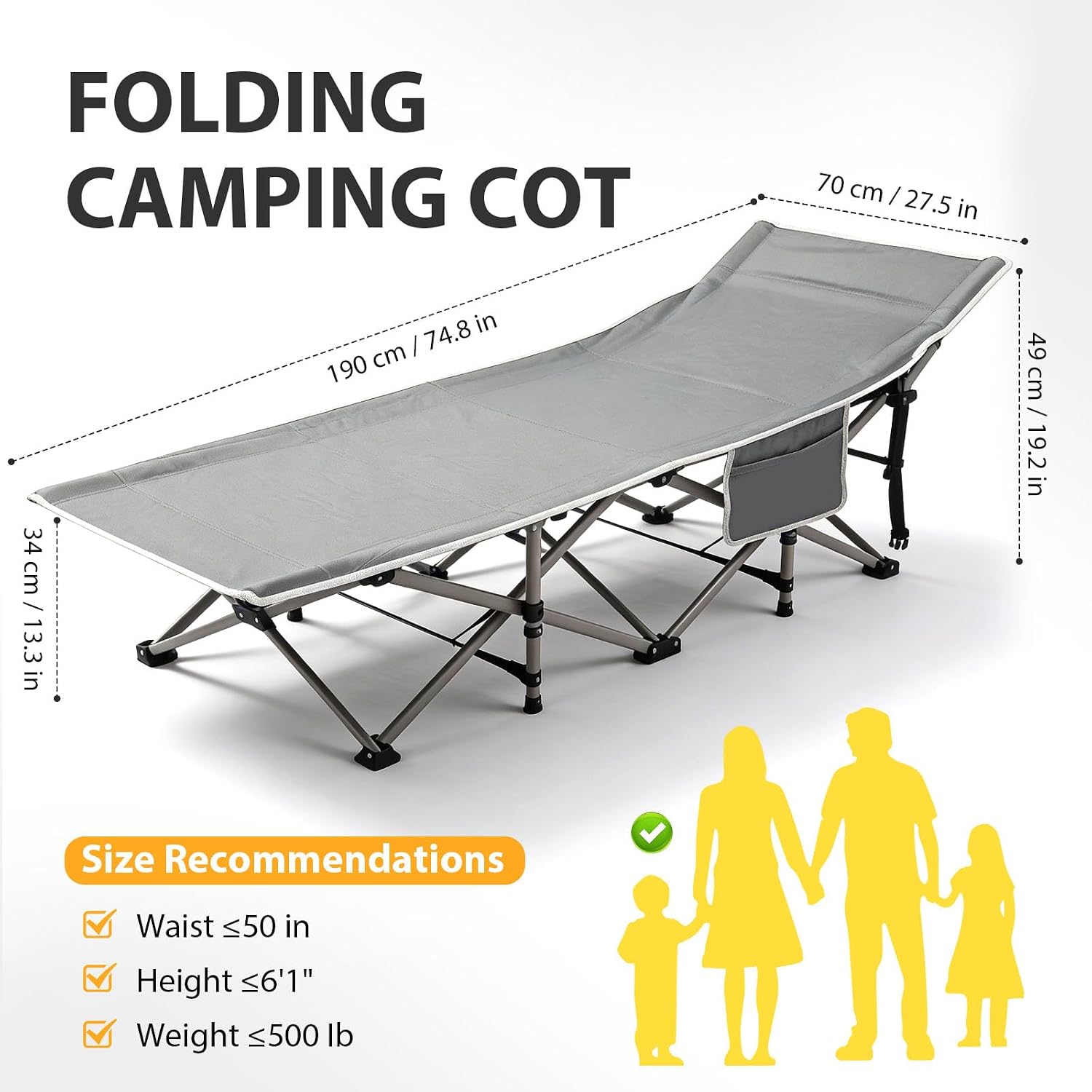 PULNDA Portable Camping Cot, 500LBS Max Load, 28 Inch Extra Wide 75 Inch Long with Mat & Carry Bag, Folding Cot for Outdoor Camping Office, Home Nap