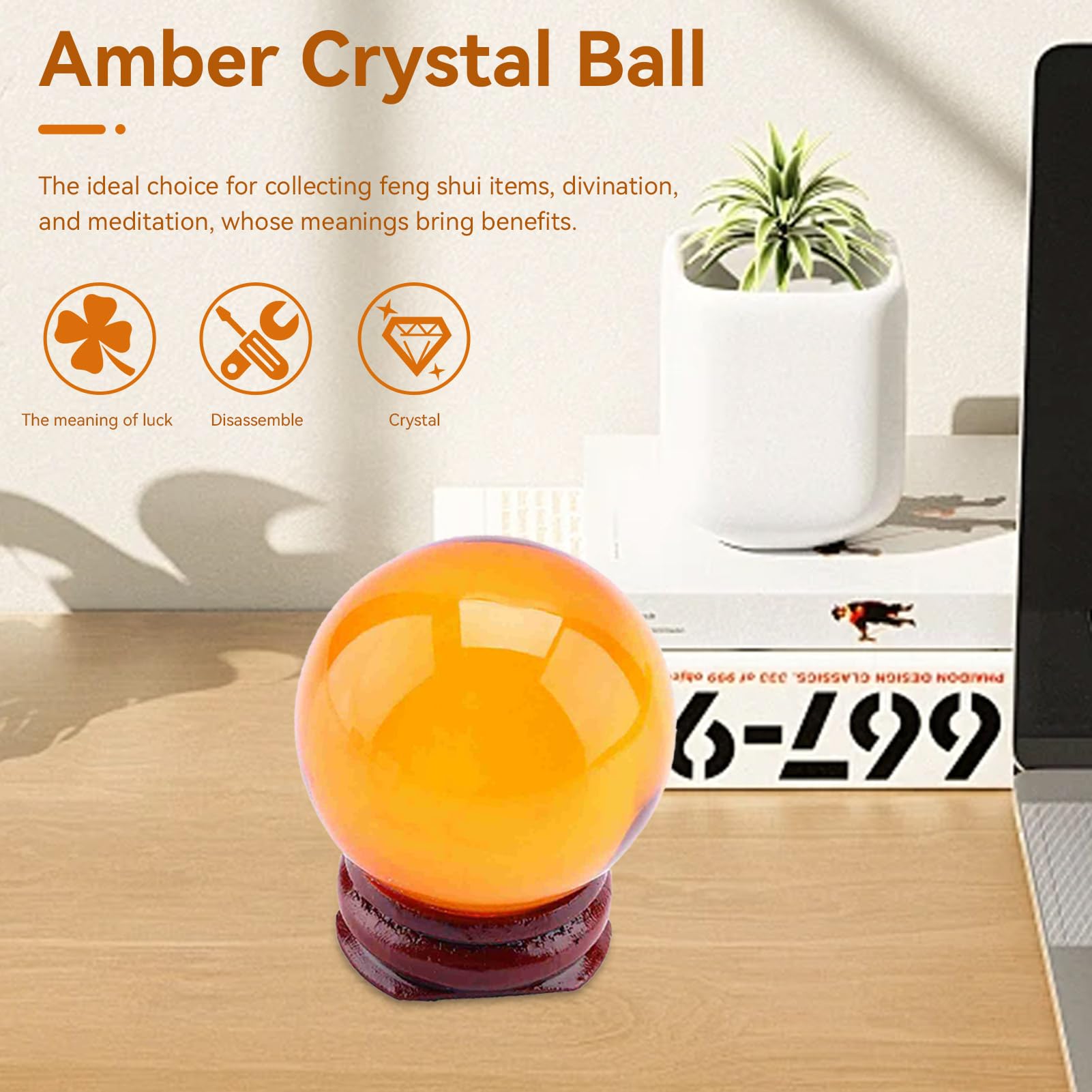 Crystal Ball with Wooden Stand, 40mm Amber Color Crystal Ball Magic Healing Crystal Sphere Ball Lense Ball Mystical Quartz Ball FengShui Divination Spheres for Meditation Healing Photography Decor