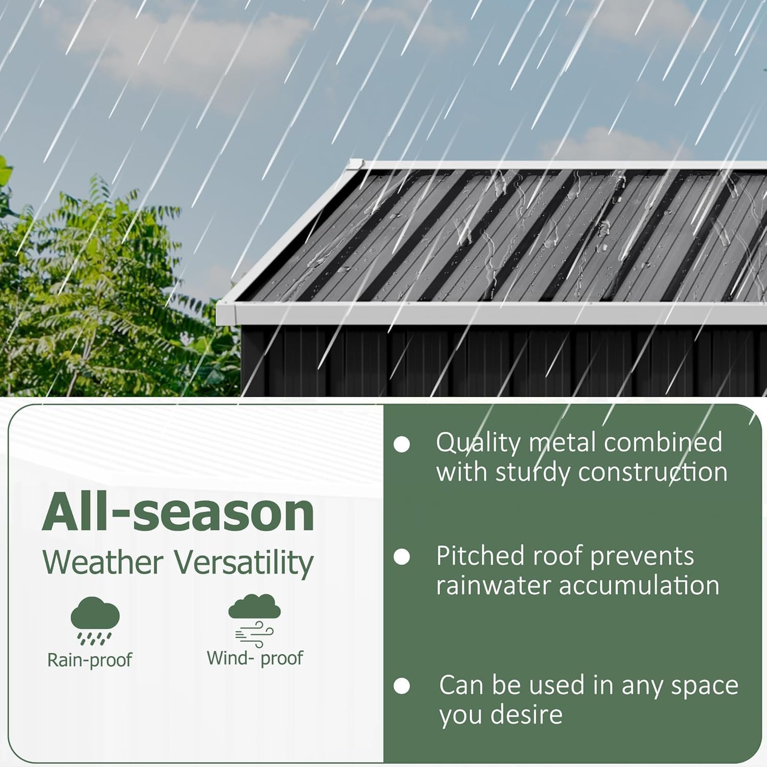 Illustration of the WKM storage shed roof with raindrops, indicating rain-proof and wind-proof features.