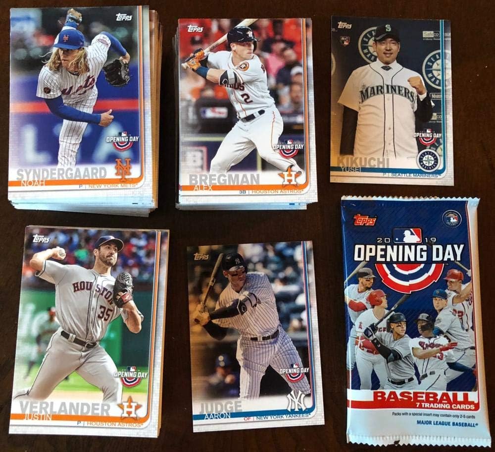 2019 Topps Opening Day Complete Hand Collated Baseball Set of 200 Cards with a FREE HOBBY WRAPPER. PURCHASE THIS SET AND RECEIVE FREE STANDARD SHIPPING WITHIN THE UNITED STATES ON YOUR ENTIRE PURCHASE FROM THIS AMAZON STORE. This amazing set has all the top stars of baseball including Mike Trout Aaron Judge Shohei Ohtani Ronald Acuna Bryce Harper Jose Altuve as well as Rookie Card of Japanese superstar Yusei Kikuchi (his first regular released MLB card) and Kyle Tucker RC and many more