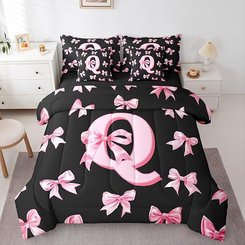 Erosebridal Pink Bow 7 Piece Bedding Set Full,Personalized Letter Bed in A Bag C