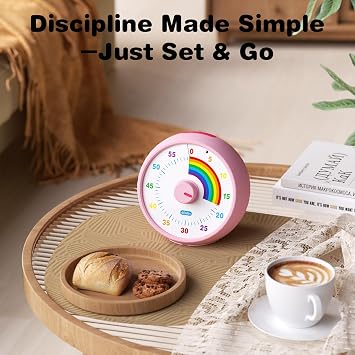 Visual Timer for Kids, 60-Minute Countdown for Classroom Office Kitchen, Desk Timer Kids Time Management Tools with Silent Operation, Pomodoro Time Rainbow Pattern (Pink)