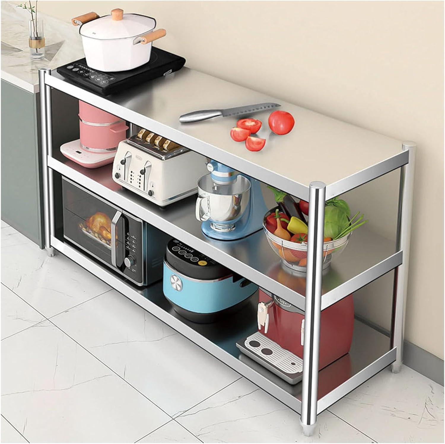 Three Tier Workbench Sturdy Shelving Freestanding Commercial Prep Table Multifunctional Stainless Steel Workbench with Adjustable Legs Metal Table Kitchen Casework Factory Packing Table