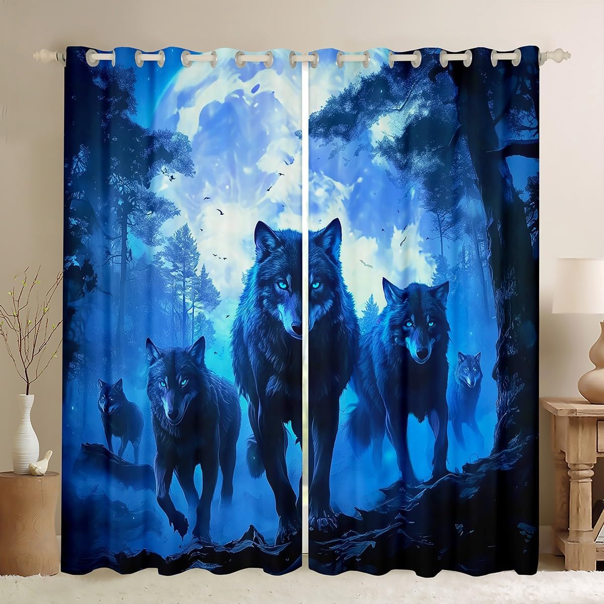 Manfei Wild Wolf Kids Blackout Curtain,Jungle Moonnight Trippy Window Drapes for Boys Men,Hunting Animal Adventure Rustic Blue Black Window Treatments Grommet Top 2 Panel Set,42Wx63L inch
