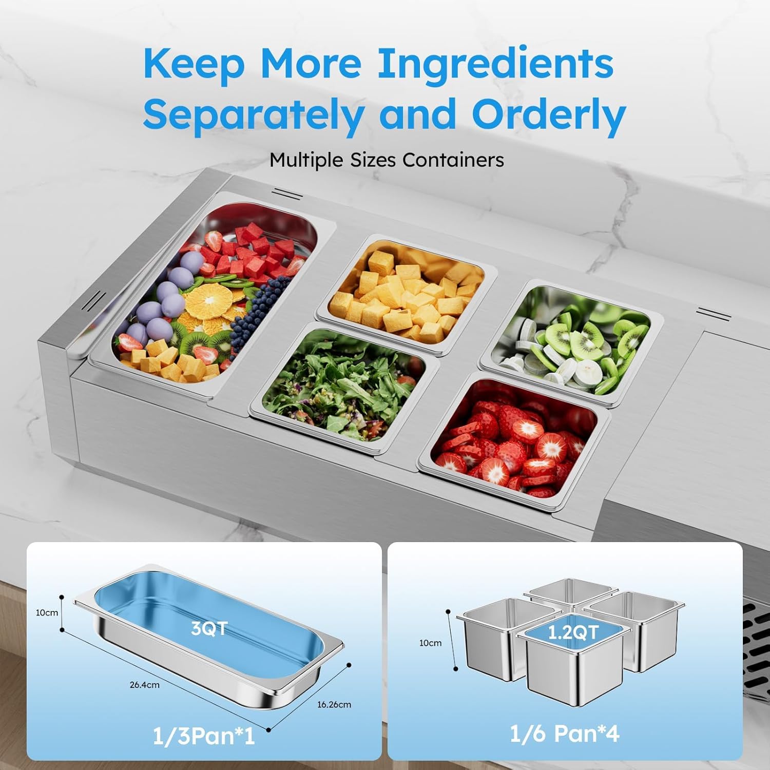 ETL Certified 40 inch Sandwich & Salad & Pizza Bar Refrigerator Countertop,304 Stainless Steel Food Prep Table Station Fridge,Commercial Condiment Cooler with 1/3 Pan*1 & 1/6 Pan*4,Glass Guard
