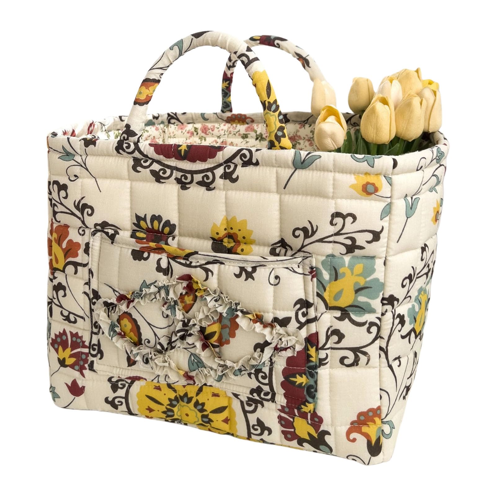 Tsophreniq Portable Fabric Storage Basket with Sturdy Handles Foldable Laundry Organizers Fabric Storage Basket for Household Use Floral Organizers