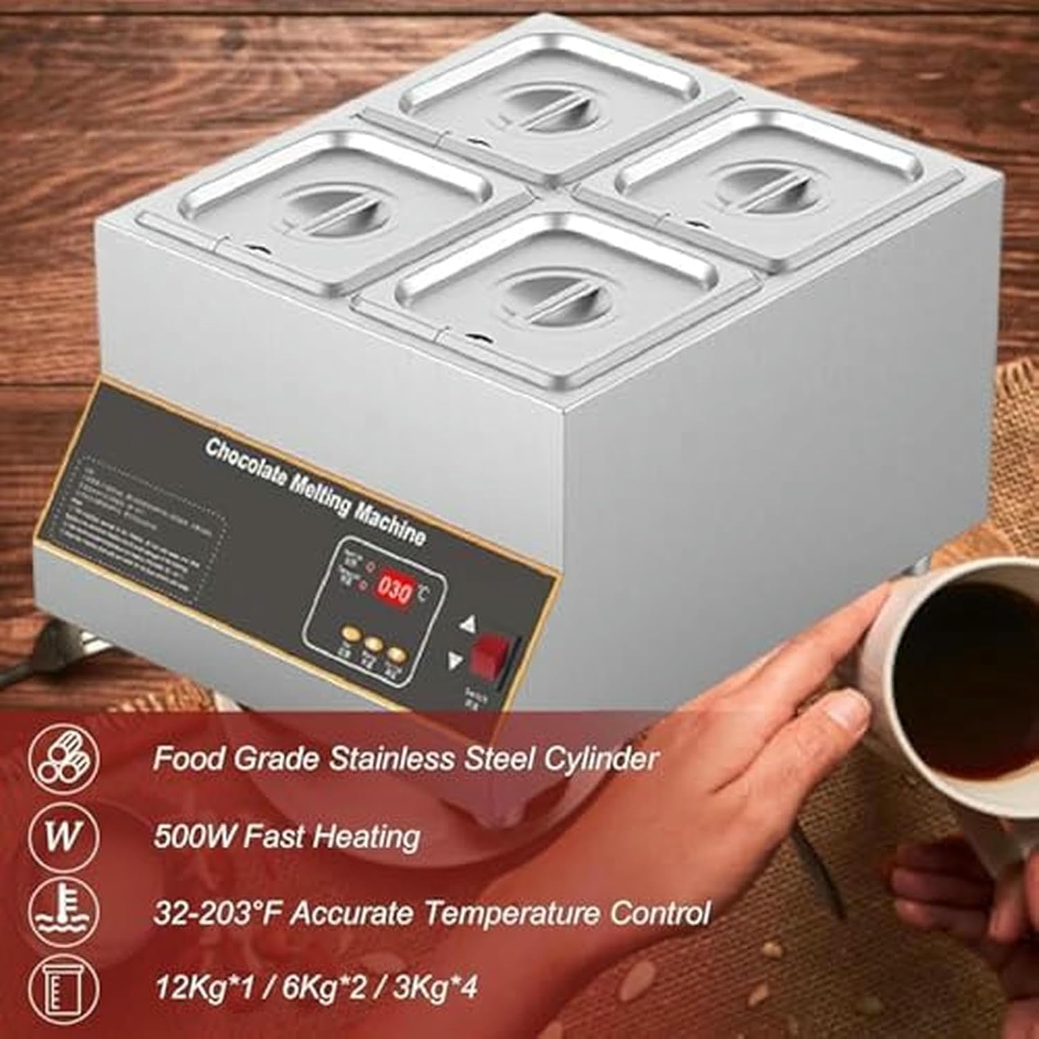 Commercial Electric Chocolate Melting & Tempering Machine, Precise Thermostat Control 32-203°F, Ideal for Chocolate, Cheese Melting & Heating image 3