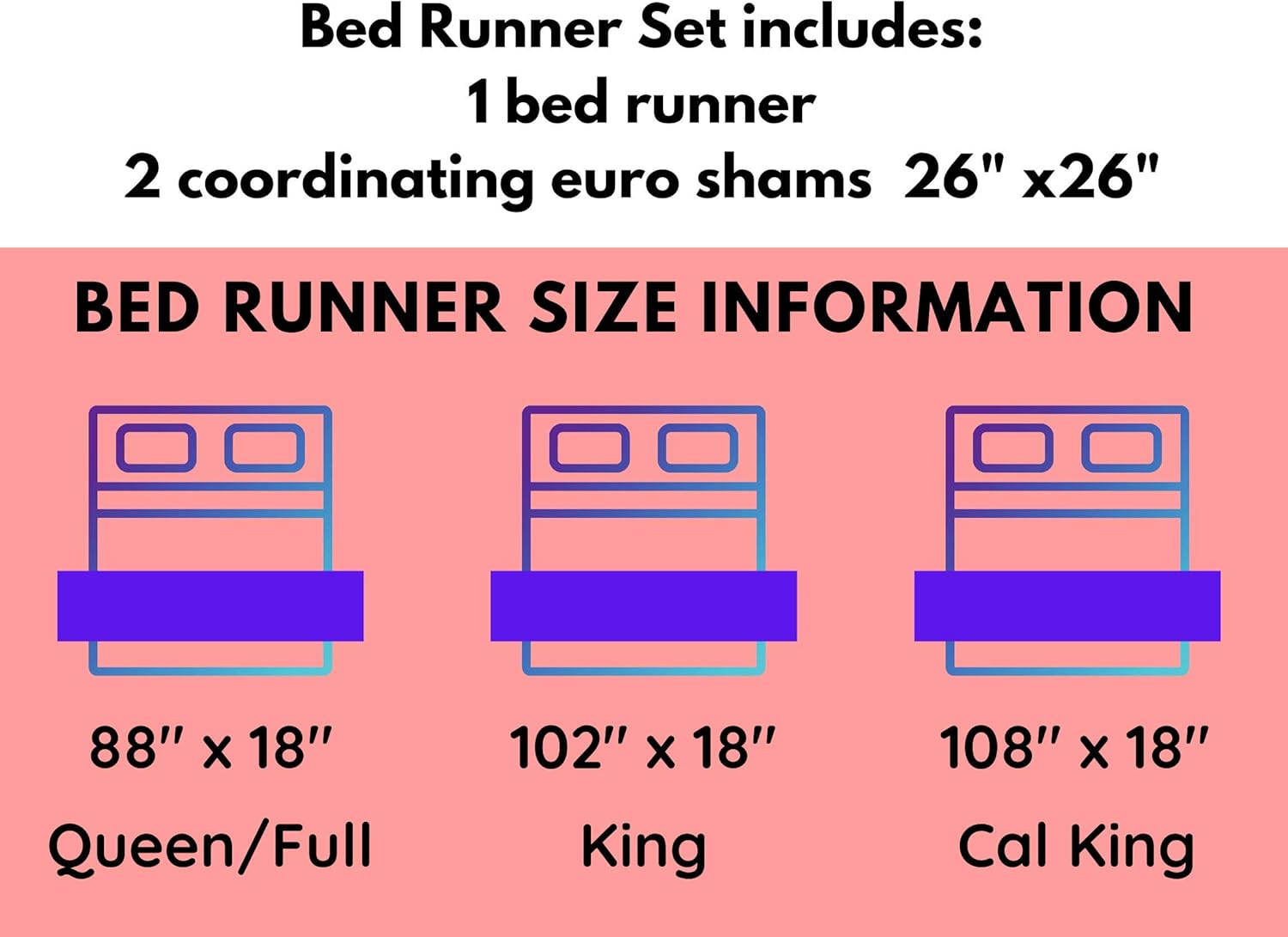 AMAY Pinch Pleated Bed Runner 3 Pieces Diamond Pintuck Egyptian Cotton Soft Fade-Resistant Easy Care Decorative Bed Scarf 600 TC (1 Bed Runner 2 Pillow Shams) Purple Solid