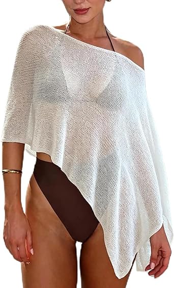Women Sheer Poncho Top Lightweight Knit Crochet Shrug Bolero One Shoulder Mesh Sweater Cover Up Beachwear