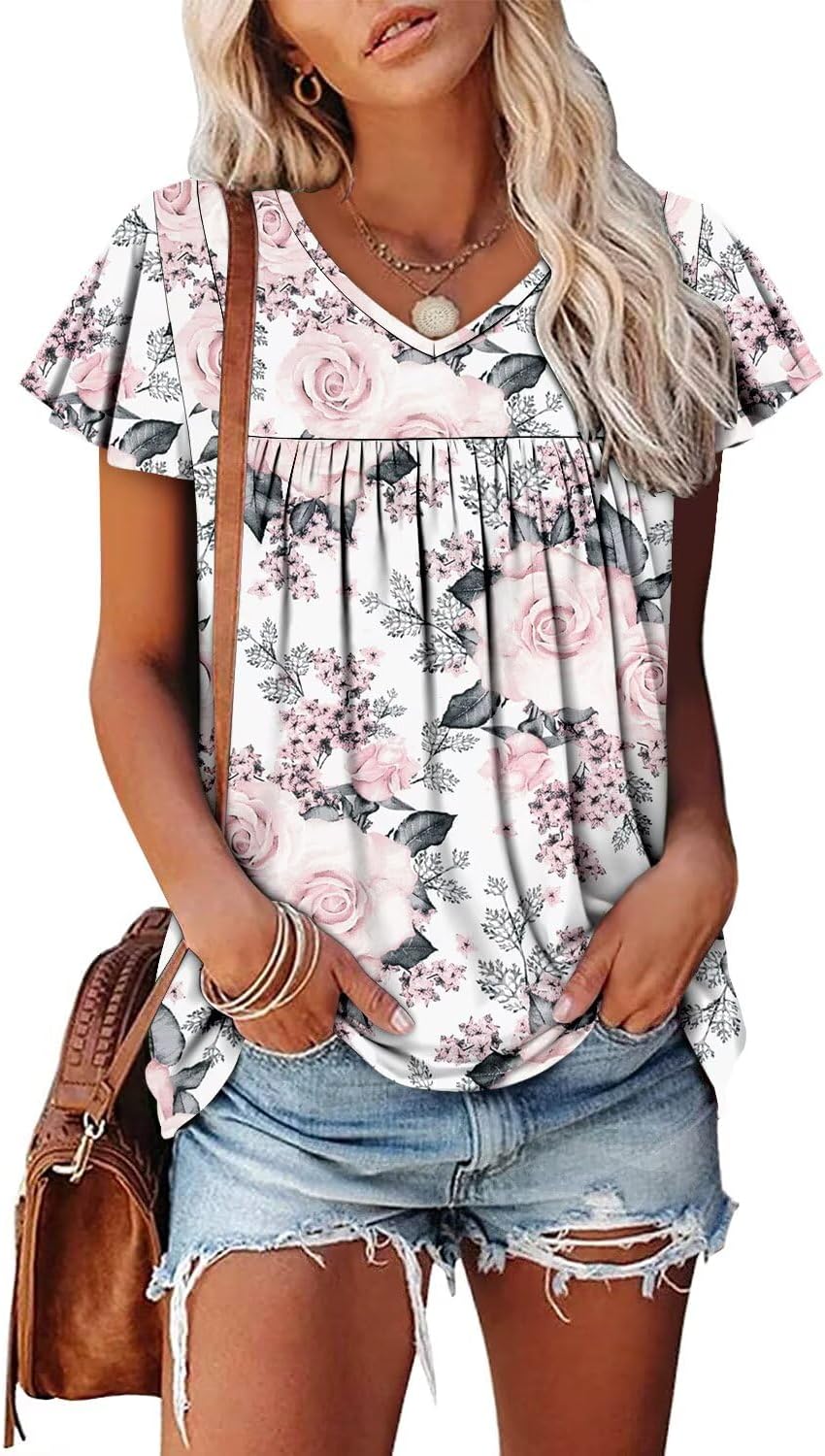 Magritta Womens Summer Tops Dressy Casual V Neck T Shirts Pleated Front Ruffle Short Sleeve Blouses Loose Fit Tunic Tops