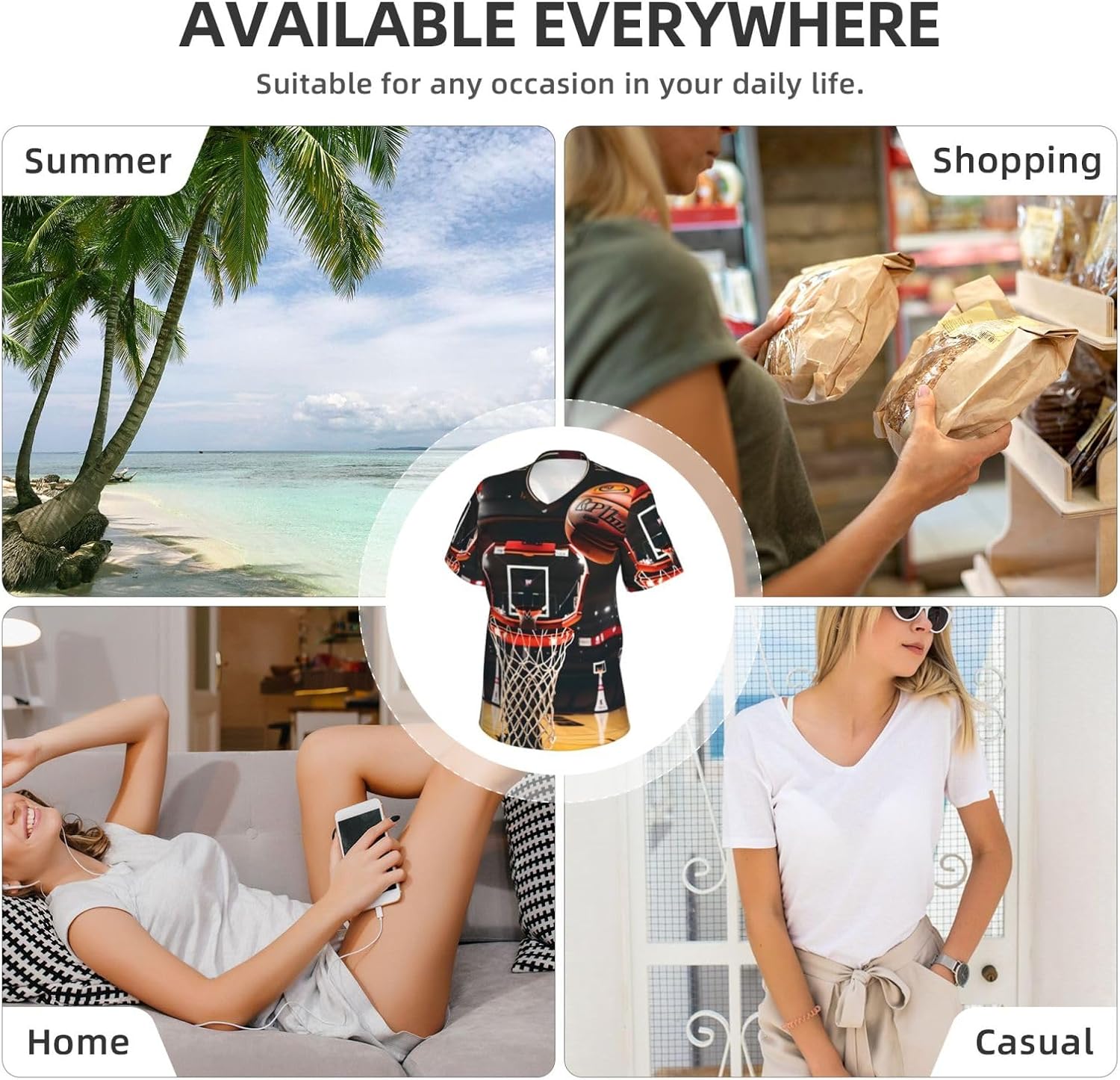 Women Casual Basketball Print V-Neck T-Shirt Short Sleeve Summer Trendy Tops. Black