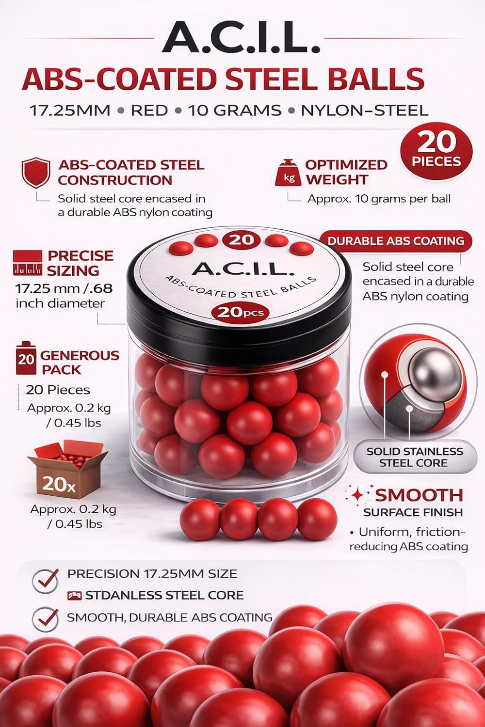 ABS-Coated Steel Balls .68 Cal – 10 Grams Solid Precision Rounds for Paintball, RAM & Home Defense – Durable Reusable Hard Nylon Shell Projectiles – 20 Pieces