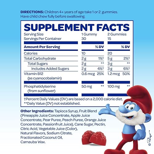 Vista 76 de The Smurfs - Gomitas nootrópicas para niños con vitamina B12 y L-teanina, gomitas de enfoque láser para suplementos de concentración y memoria