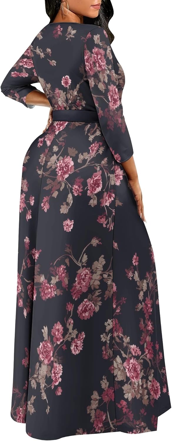 3/4 Sleeve Maxi Dress for Women 2025 - Casual Round Neck Empire Waist Dresses with Belt - Image 4