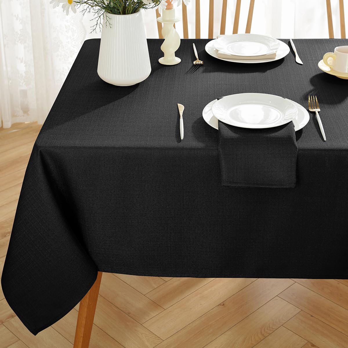 SASTYBALE Black Rectangular Tablecloth 52 x 70 Inch, Waterproof Wipe Clean Faux Linen Table Cloth, Machine Washable Polyester Fabric Table Cover for Kitchen and Dining Table, Party and Buffet