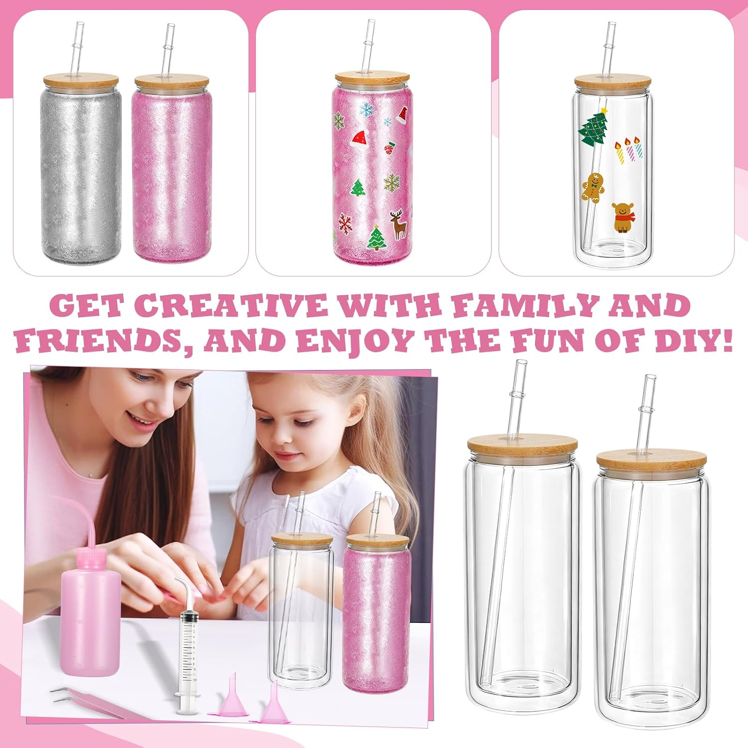 Foxtell 18 Pcs Snow Globe Tumbler DIY Kit 16 oz Pre Drilled Wall Double-Wall Snow Globe Cups with Lids Glitter Tools & Accessories Complete Craft Set for Making Custom Glitter Tumblers (Pink)