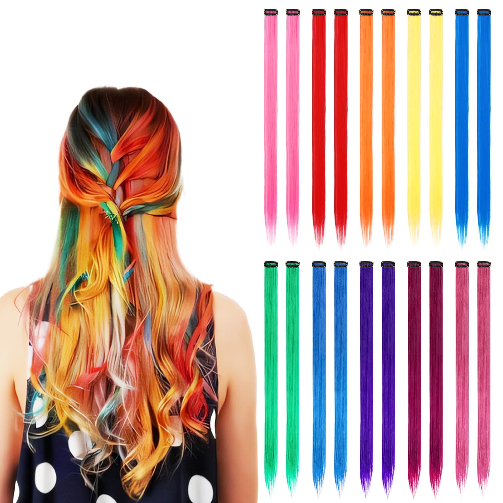 20Pcs Clip In Coloured Extensions, Rainbow Crazy Hair Day for Kids Girls Women, 22 Inch 10 Colours Fake Hair, Gift for Kids
