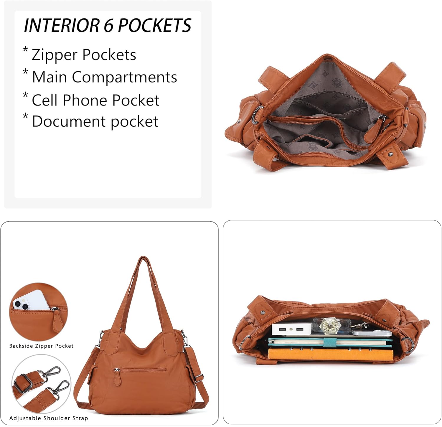 Angel Kiss Women's Designer Handbag Large Double Zipper Multi Pocket Washed Leather Purse - Image 6