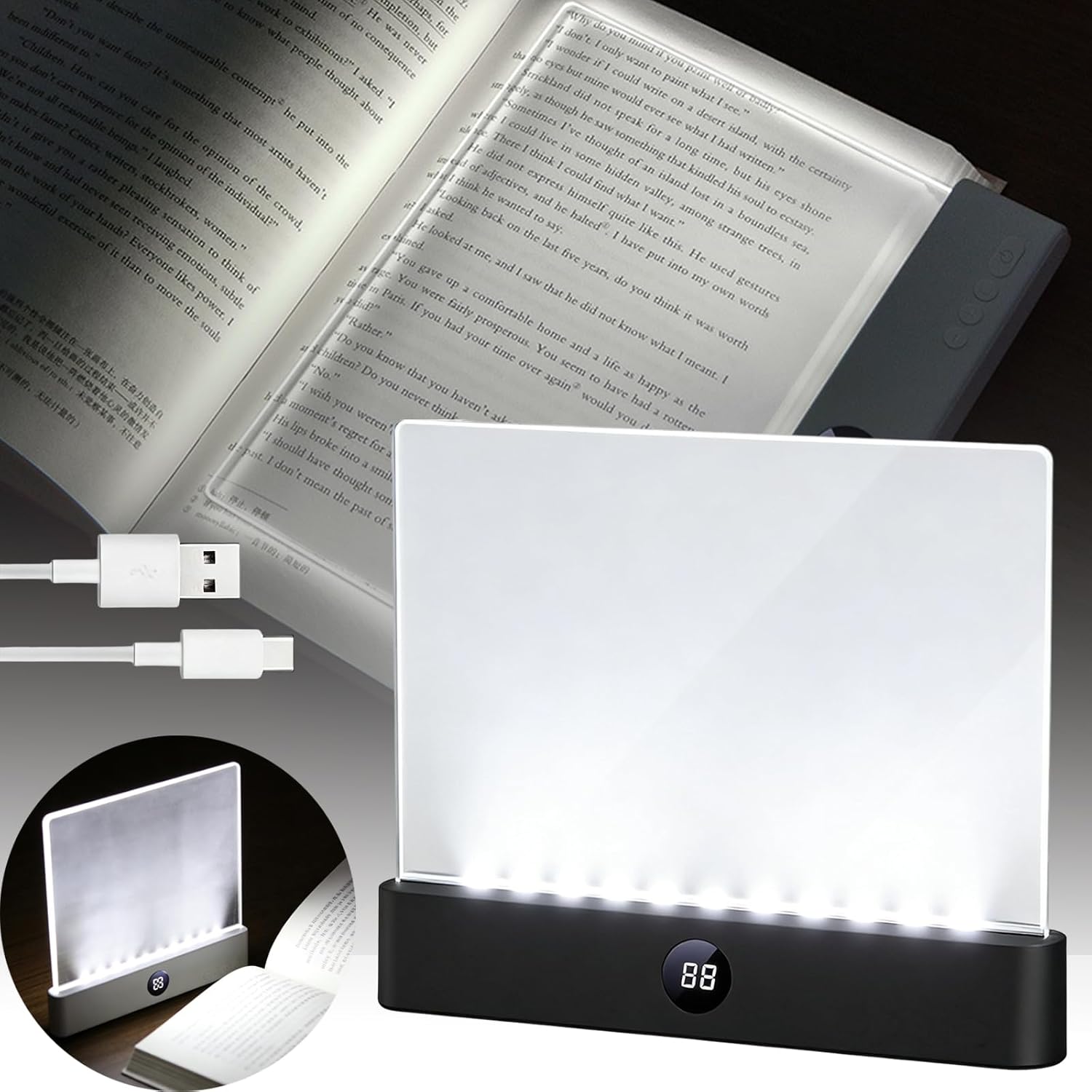 Smart LED Reading Light, Dimmable Rechargeable Book Lamp, LED Reading Panel with 3 Colors, Timer and Lightweight Design, Ideal for Reading Books in Bed and Night Reading (Black)