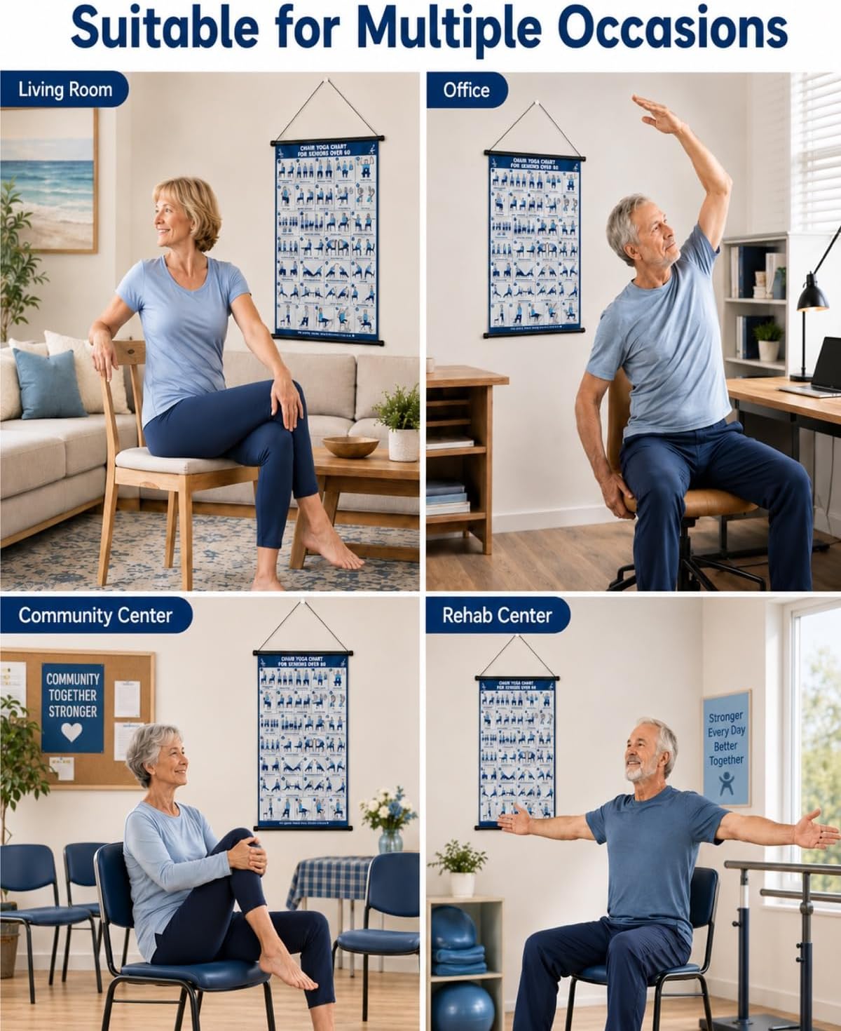 Chair Yoga Exercise Wall Poster & Workout Chart for Seniors & Beginners | 31 Seated Poses; Large 16×24 Inch Poster; Clear Illustrations; Laminated Canvas; Included Hanging Rod & Cord