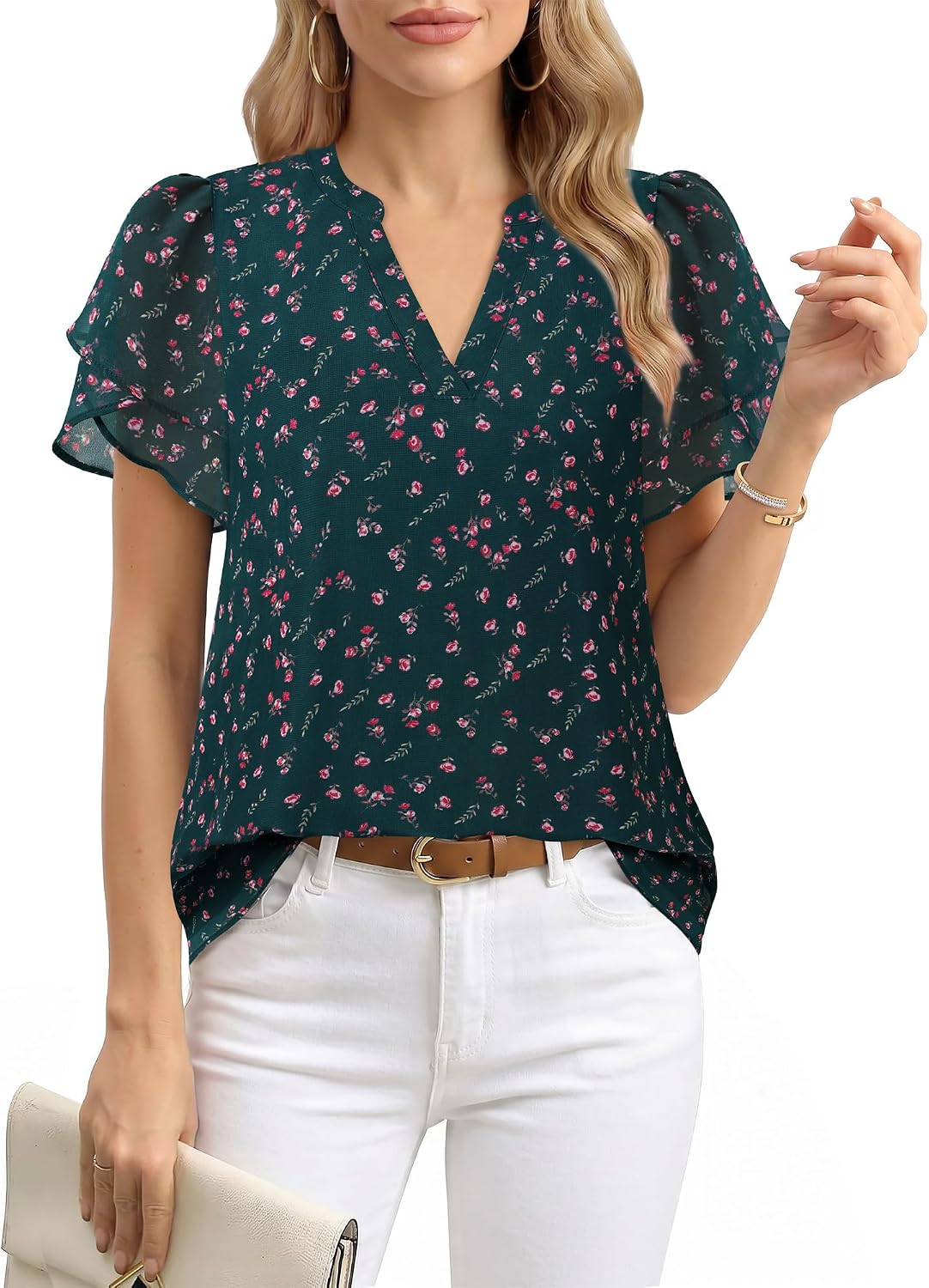 Lotusmile Womens Dressy Chiffon Blouses Summer Puff Petal Short Sleeve Shirts V Neck Casual Work Tops