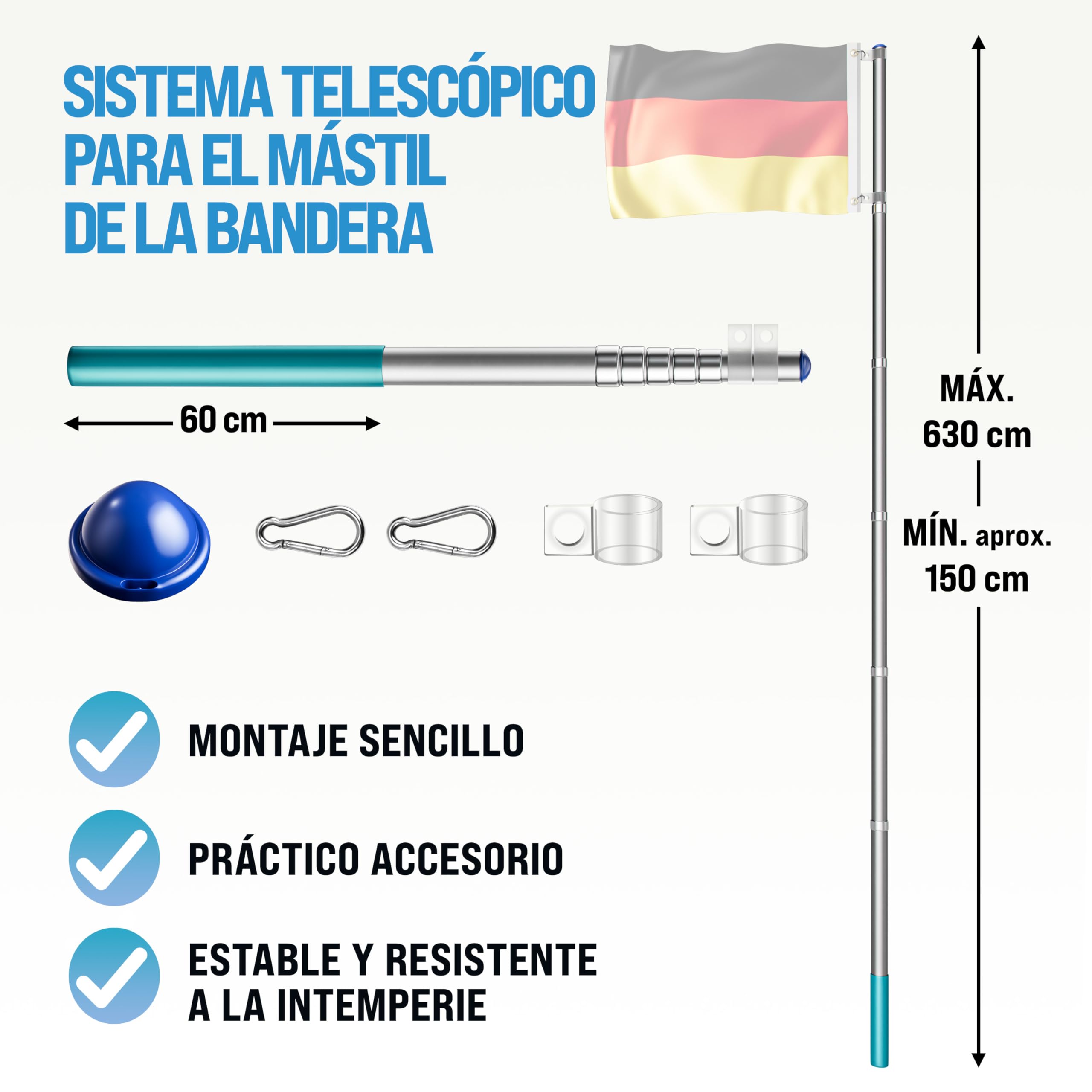 MONZANA® Asta Bandera Aluminio 6,30m Telescopica incl. Anclaje Suelo 60cm Bandera Alemania Alemana