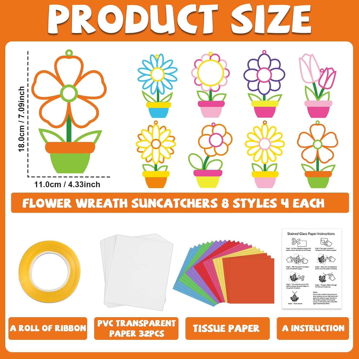 32 Sets Spring Suncatchers Craft Kit Flower Pot DIY Window Art Sun Catchers Stained Glass Ornament Colorful Plant Paper Crafts Home School Classroom Decorations Creative Project Activity Game