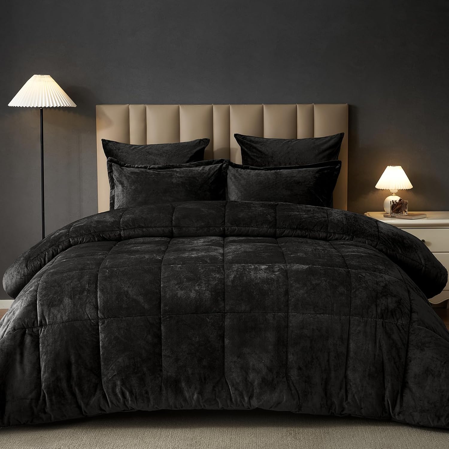 PHF Double-Sided Velvet Comforter Set King Size, 5 Piece Soft Luxury Winter Warm Bedding Sets, Modern Bed in A Bag Including 1 Cozy Comforter, 2 Pillow Shams, 2 Euro Shams for Home Decor, Black