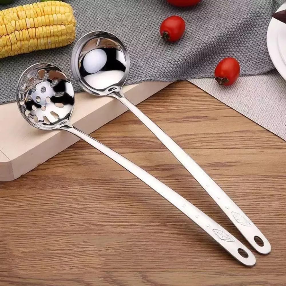 Cooking Ladles Soup Spoon, Serving Scoop And Ladle Strainer Set Stainless Steel Heavy Duty Soup Ladle Colander with Mirror Finish, Perfect for Hotpot Stirring, Deep Wide Enough 2PCS