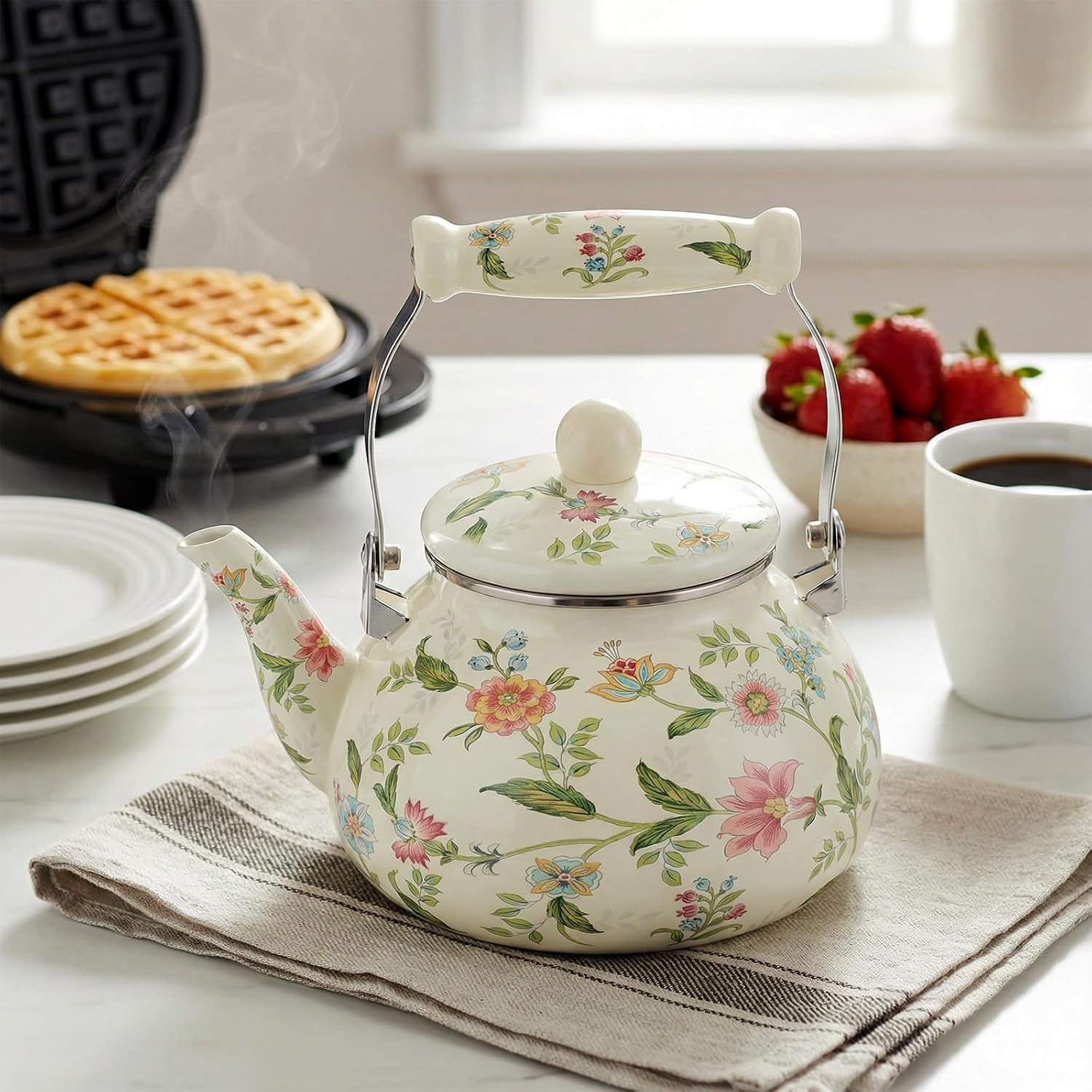2.6 Quart Vintage Enamel Tea Kettle, Green Floral Enamel on Steel Teapot with Cool Touch Porcelain Handle for Stovetop Home Kitchen Camping, Housewarming Wedding Bridal Shower Thanksgiving Christmas G