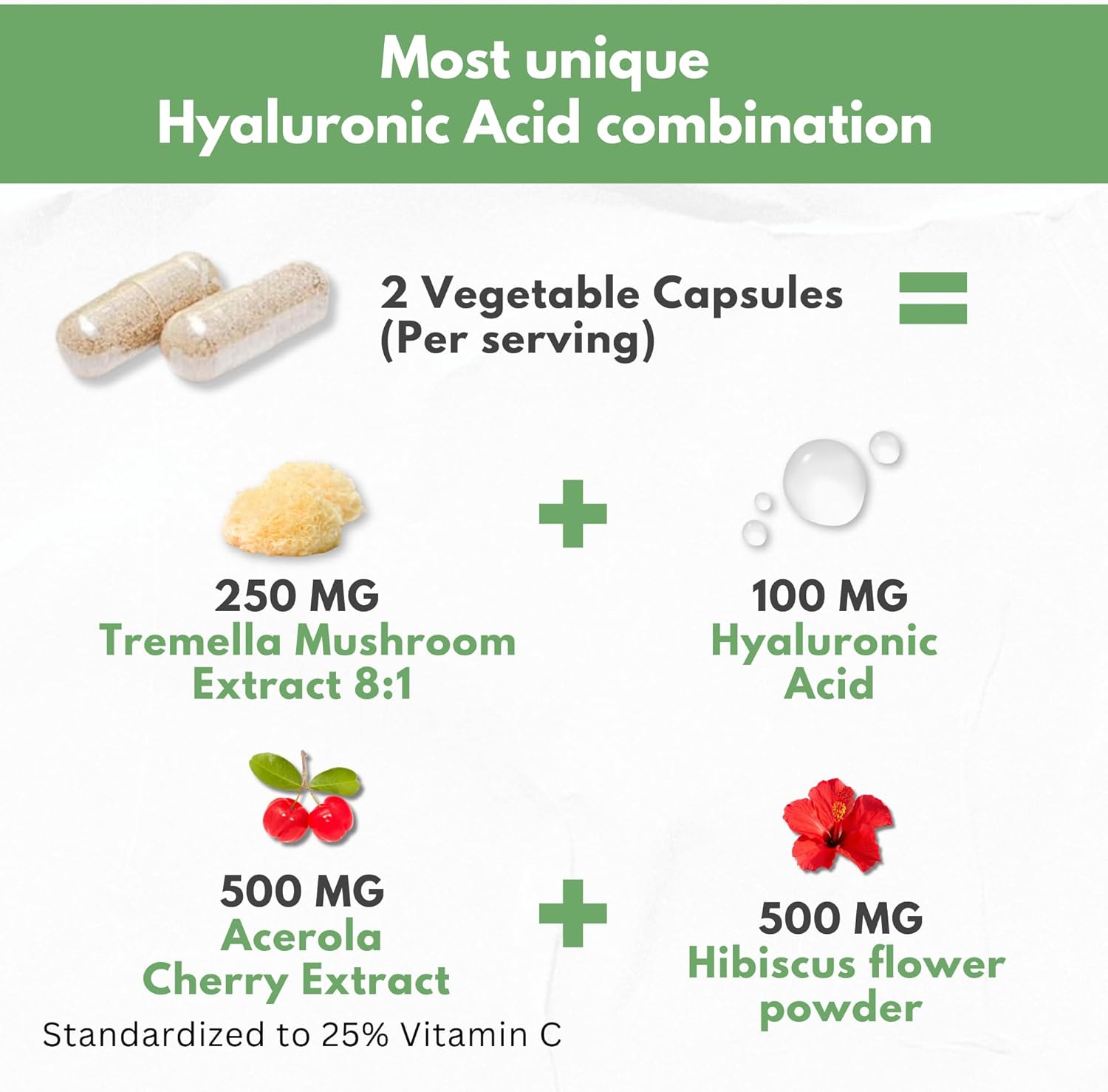 Natural Hyaluronic Acid Supplement 5X Stronger Hydration Pills from Pure Tremella Mushroom with Vitamin C & Hibiscus - Skin Supplement Anti Wrinkle Dietary Capsules - hair nails vitamins