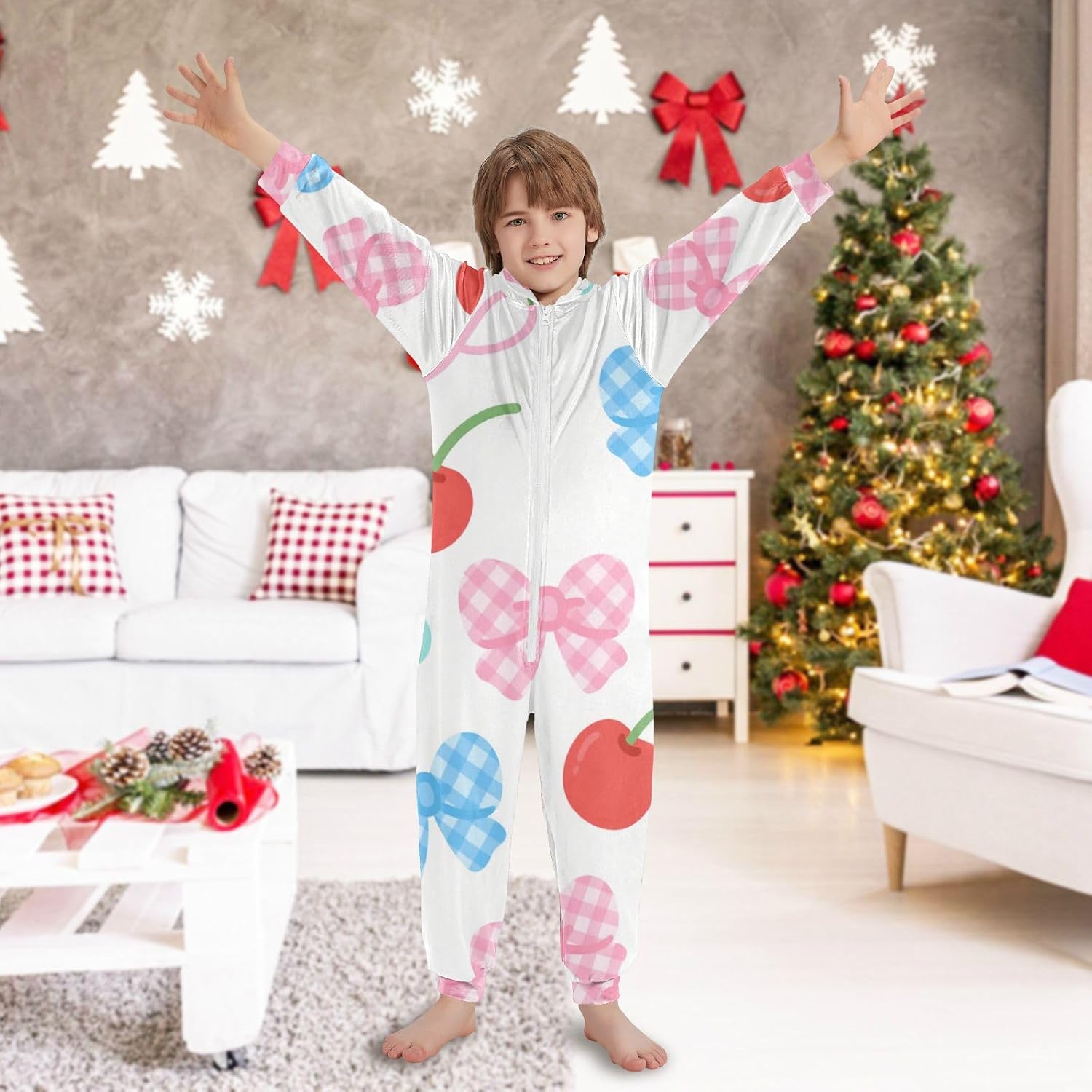 Cute Cartoon Cherry BowOnesie PajamasSoft Cozy Hooded Xmas Holiday Costumesfor Parties Sleepovers