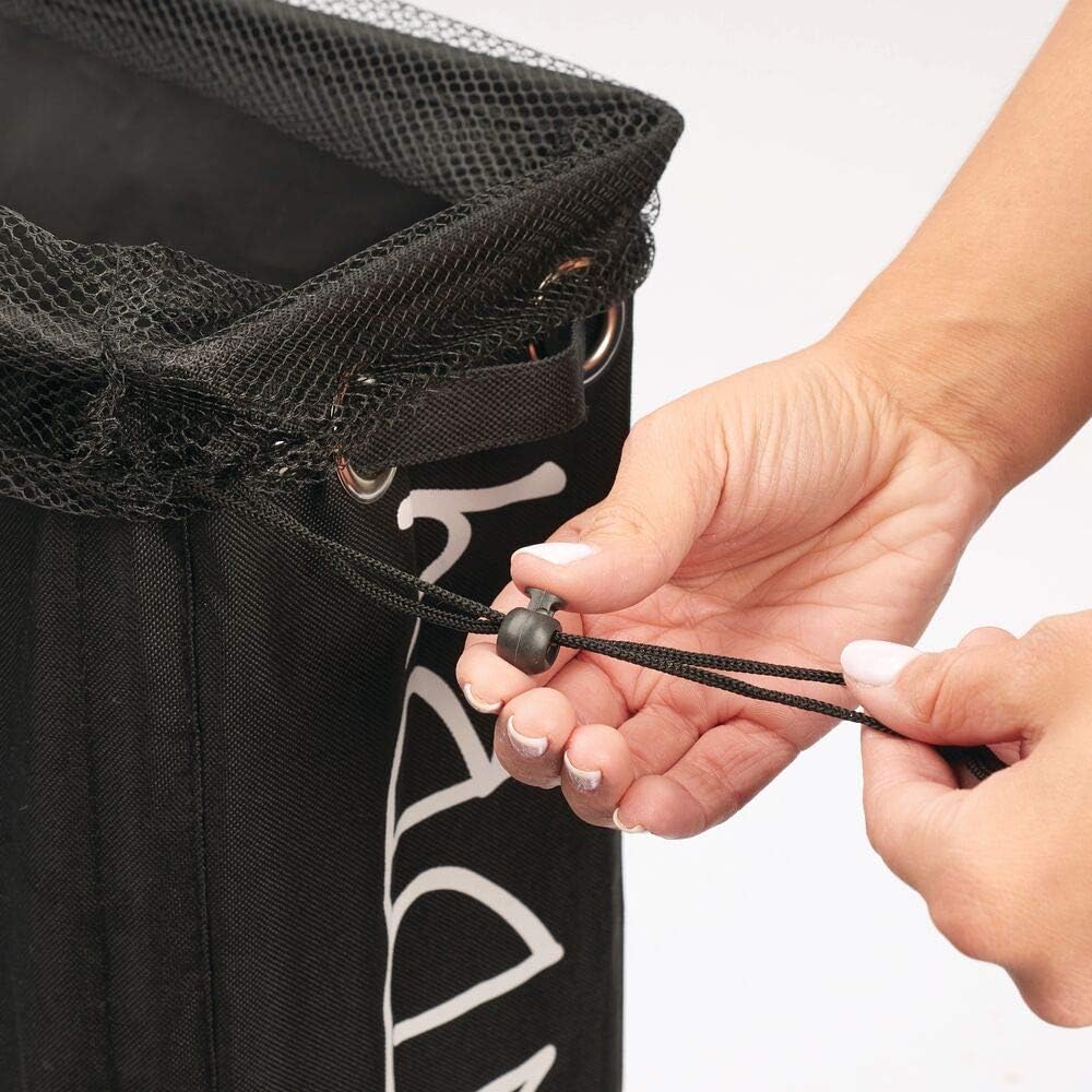 mDesign Slim Fabric Laundry Hamper Basket with Handles, Drawstring Mesh Closure, Wheels - Portable and Foldable for Compact Storage - Single Hamper Design, Novelty Print - Black