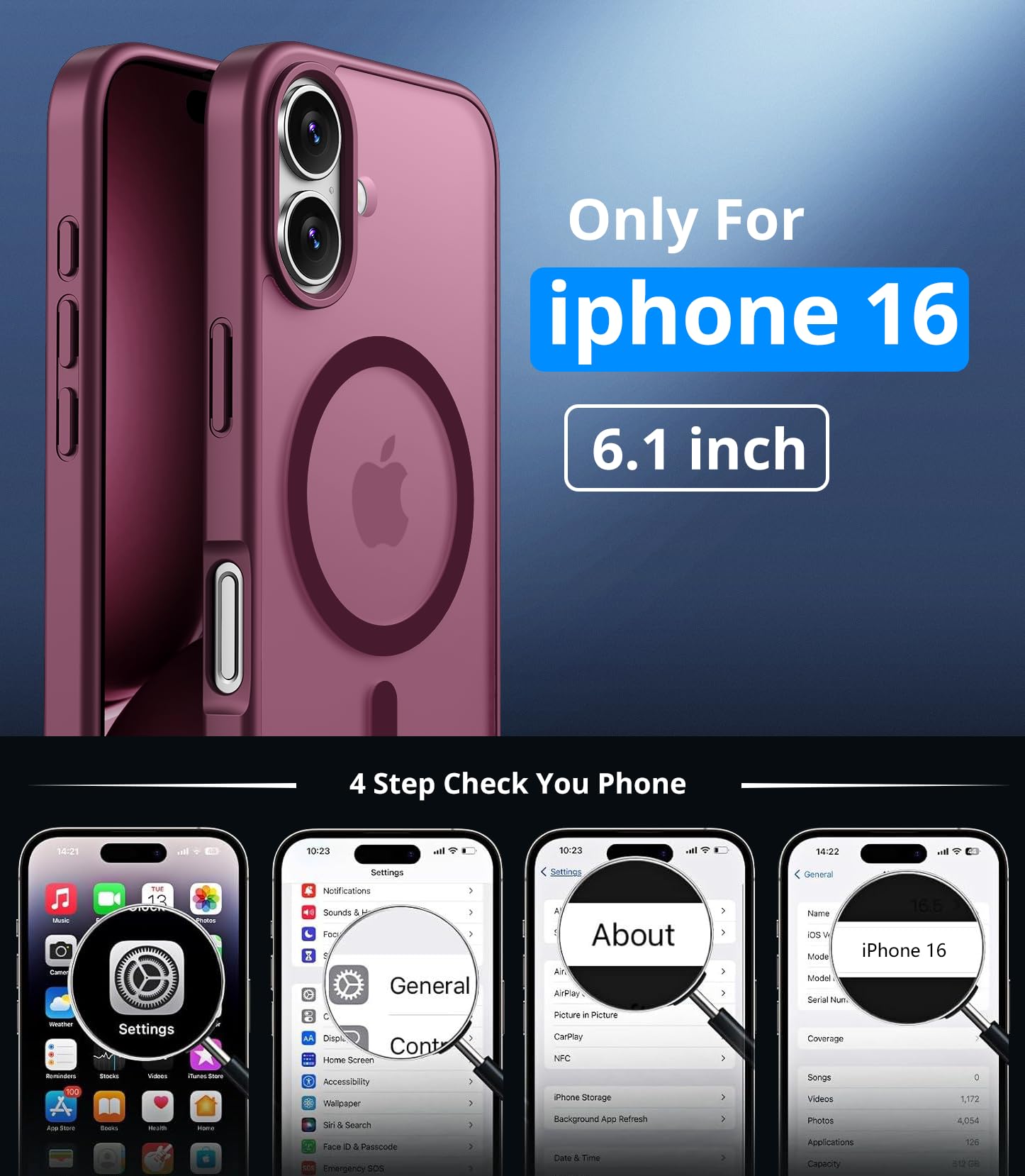 Vansdon Cover Magnetica per iPhone 16 con 1 Pezzi Vetro Temperato, Compatibile con Magsafe, Protezione anticaduta di livello militare, Custodia Traslucida Opaca Sottile Antiurto-Bordeaux