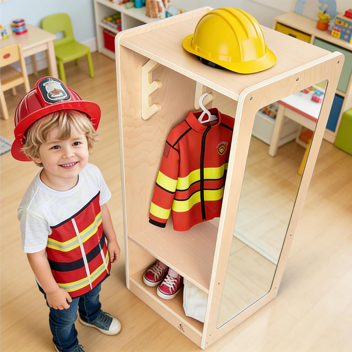 Compact Kids Dress Up Storage Center with Mirror, 2 Sets of 3-Hook Hangers, Top & Bottom Storage for Costumes & Accessories