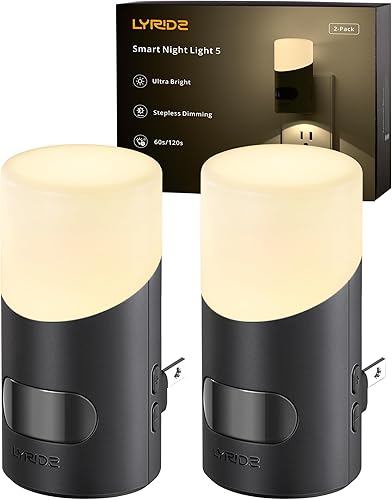 Lyridz Luces nocturnas LED enchufables a la pared con sensor de movimiento, 1-150LM regulable enchufable luz nocturna interior para dormitorio,