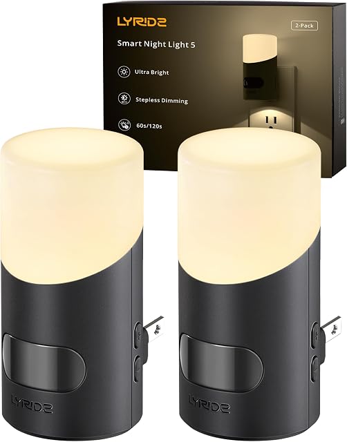Capteur de mouvement lumière de nuit - LYRIDZ Branche-lumière de nuit dans les murs, 1-150LM Luminosité réglable, blanc chaud 2700K, Haut et bas Lumineux LED Lumières de nuit pour Hallway Salle de bain Stairway Chambre (2 Boîte)