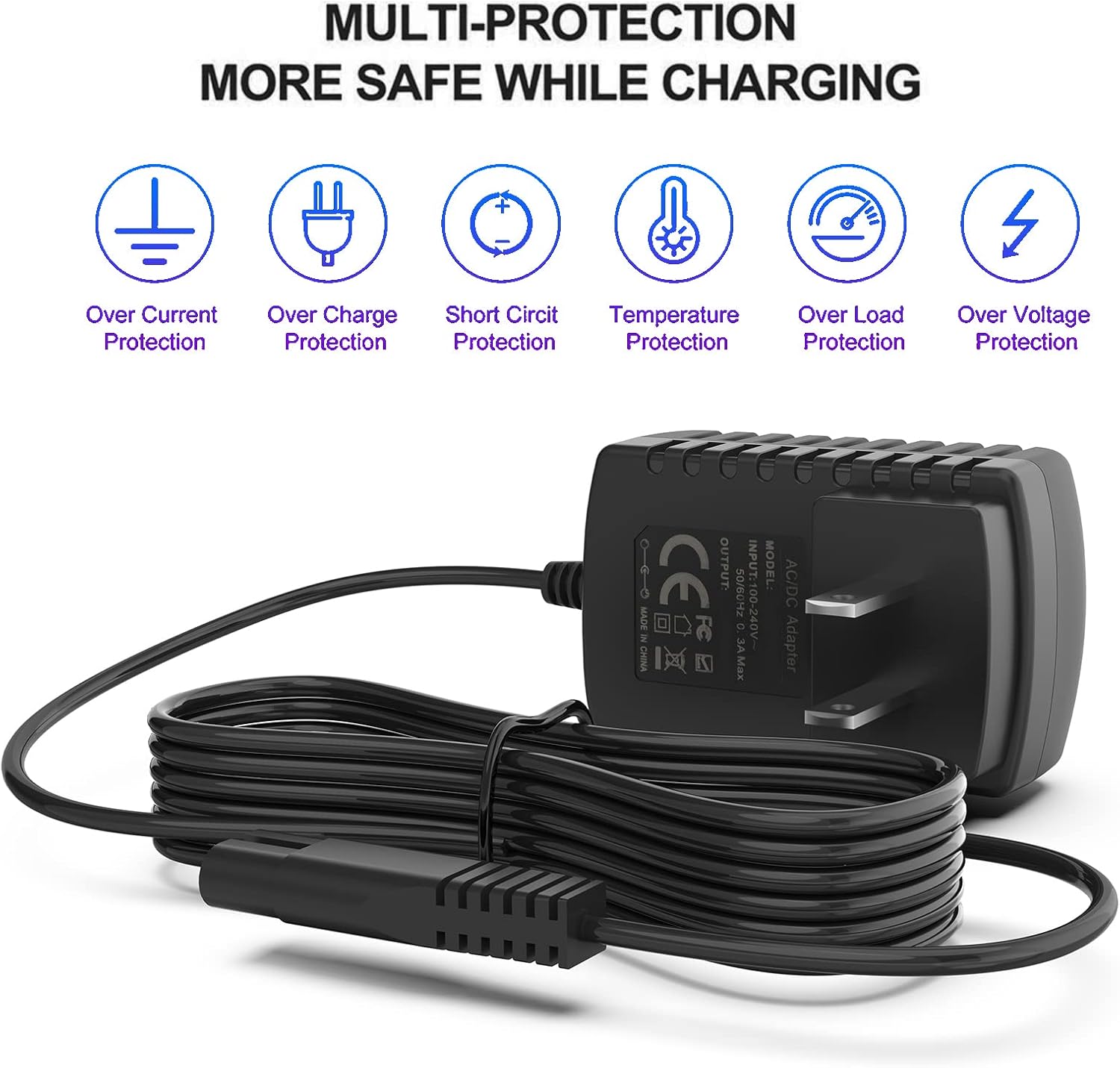 VOJSALDR D4.5V-1 charger with icons representing multiple safety protections