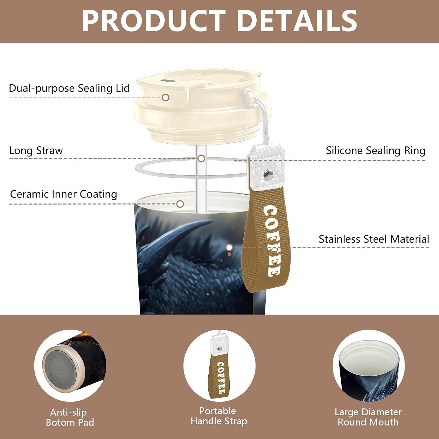Dragon Fire Head Insulated Coffee Mug with Straw & Flip Lid, 16.9oz Iced Tumbler Cup, Double Wall Vacuum Leak-Proof Mug for Travel Office