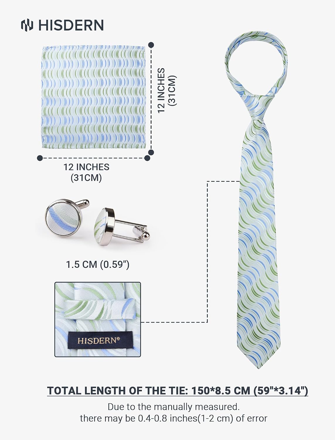 HISDERN Mens Ties Silk Striped Plaid Tie and Pocket Square Set Classic Necktie with Handkerchief Cufflinks for Party